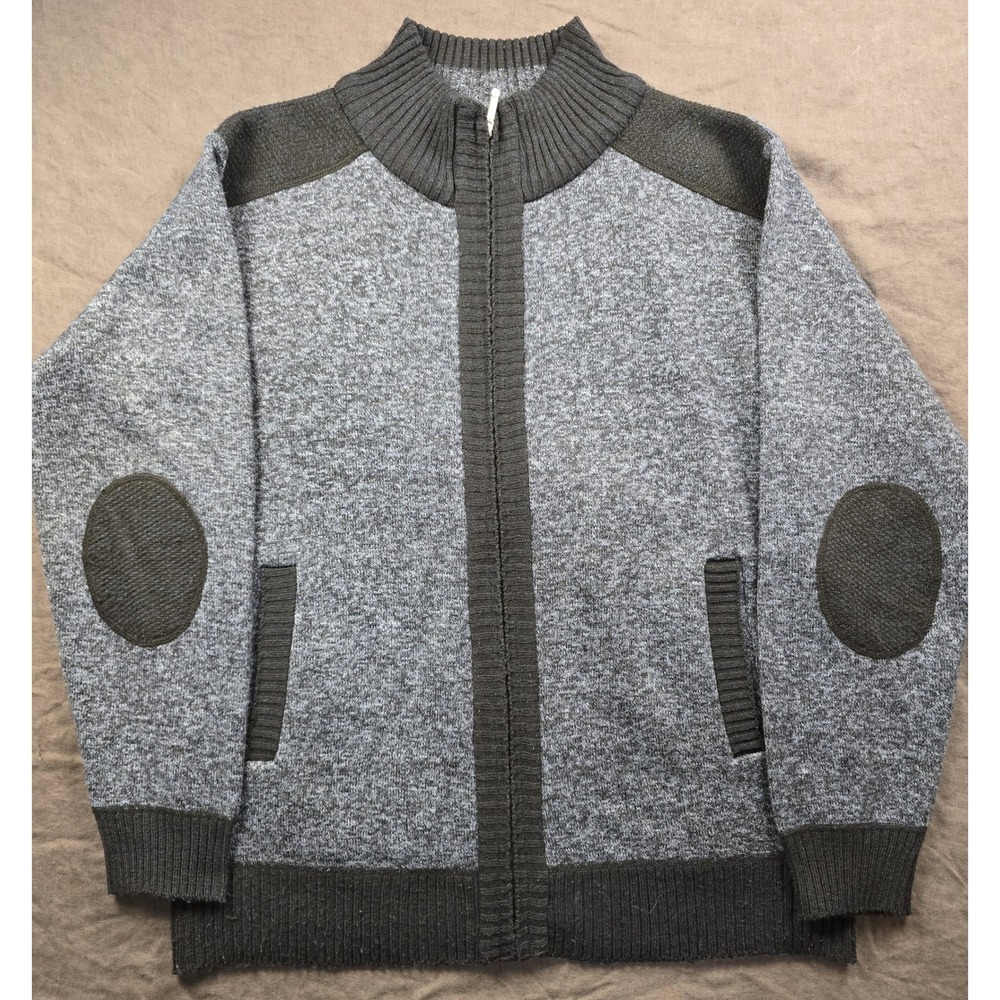 Yeokou Men's Blue Grey Speckled Zip Up Cardigan Sweater Elbow Patches Size L